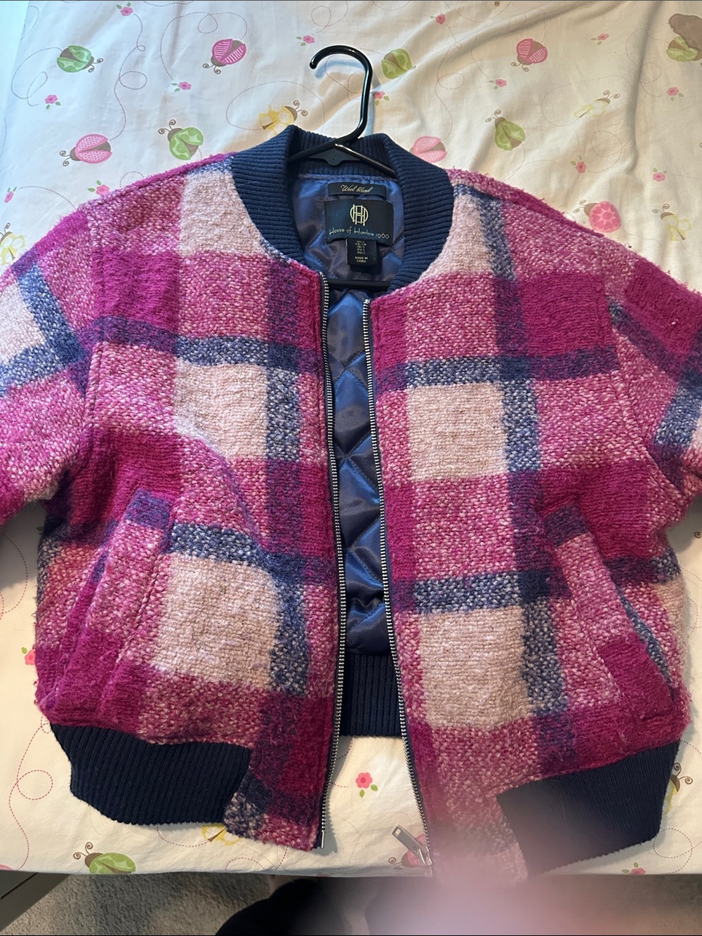 House of Harlow 1960 Navy Trim Pink Plaid Bomber Jacket